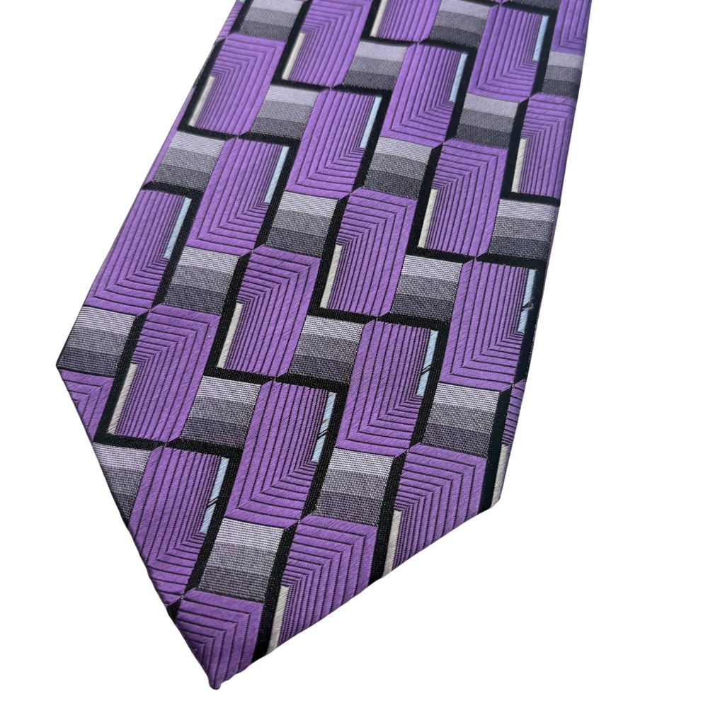 Platinum Designs Silk Tie Mens Purple Grey Geometric Block Pattern‎ Y2K 4x58"